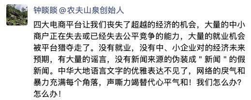 钟睒睒：四大电商平台是经济绞肉机，中小经营户周扒皮