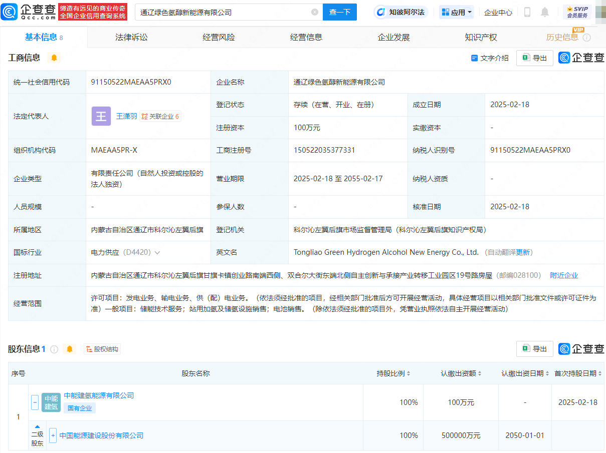 中国能建成立绿色氢醇新能源公司，含电池销售业务