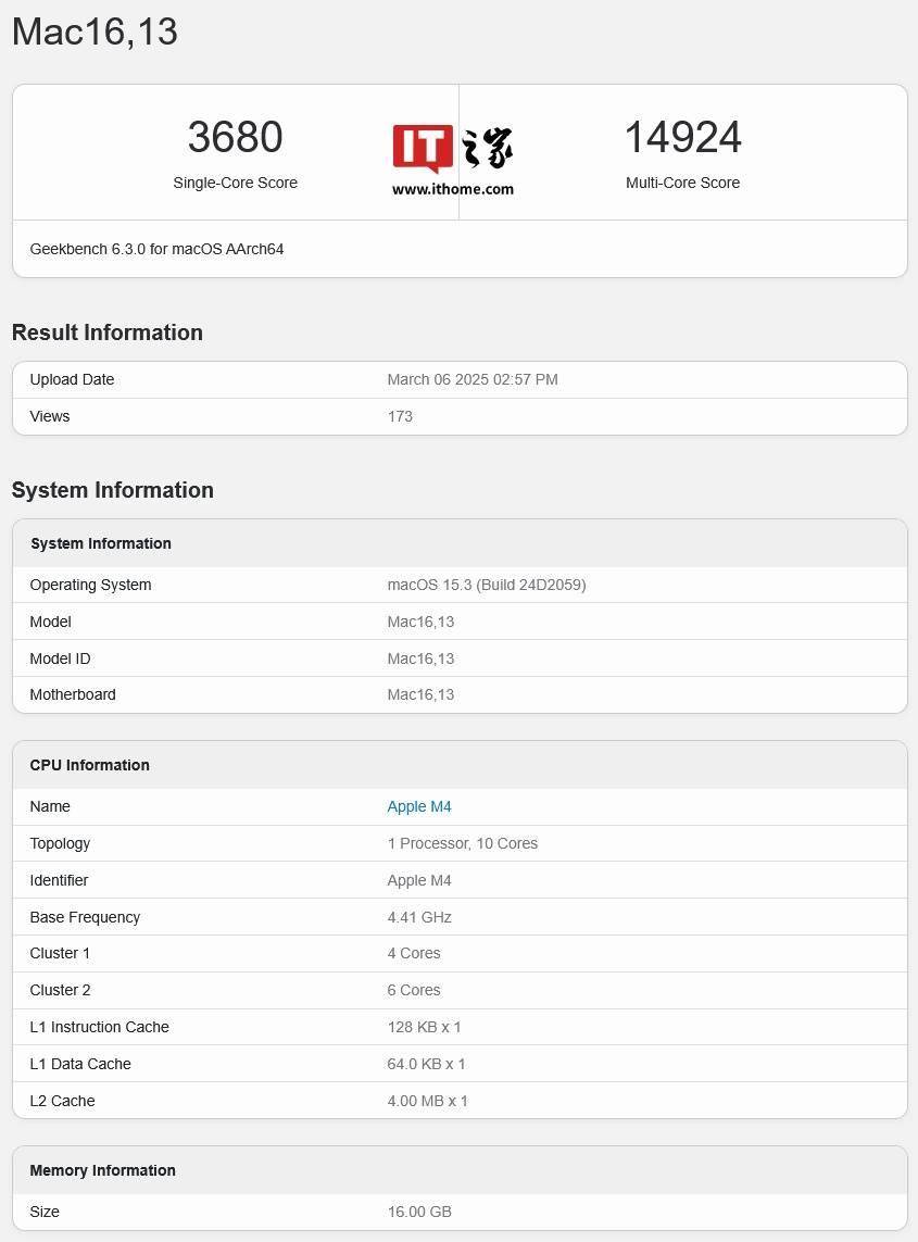 苹果 2025 款 M4 MacBook Air 跑分揭晓：较 M3 款多核超 53%