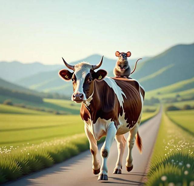 老鼠看到牛走得又快又稳,就悄悄地爬上了牛背,藏了起来