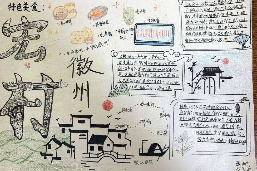 同学们精心设计,用心绘制,将徽州的自然风光,历史文化,民俗风情等元素