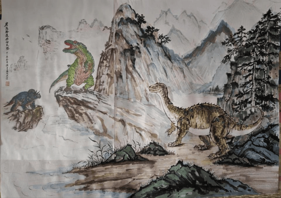 张曼钰作品简介:这幅画以中国传统水墨画的形式,展现了远古时代恐龙的