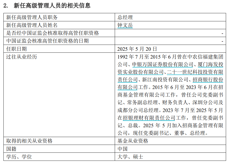 招商基金总经理徐勇卸任，钟文岳回归