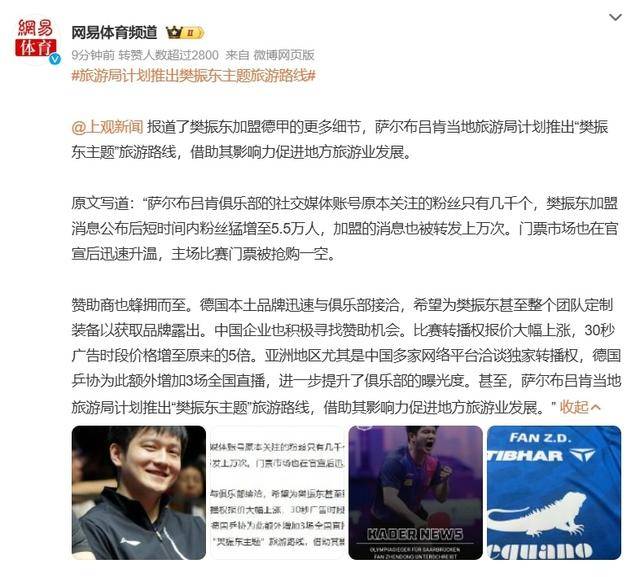 6月17日网易体育报道！樊振东加盟德国俱