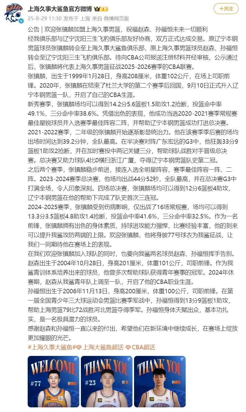 CBA重磅交易！上海男篮官宣张镇麟正式加盟，将身披77号球衣