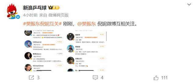 樊振东和倪妮互相关注！倪妮曾公开喊话：虽然不认识，但很喜欢他