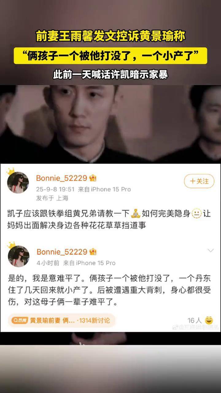 前妻王雨馨发文控诉黄景瑜称:“俩孩子一个被他打没一个小产了”_搜狐网