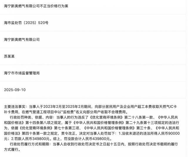海量财经 | 以“监检费”名义收取不合理费用，浙江海宁新奥燃气公司被罚43.9万！其母公司为新奥能源