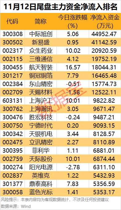 主力资金 | 尾盘抢筹8股超亿元，两只算力龙头股上榜