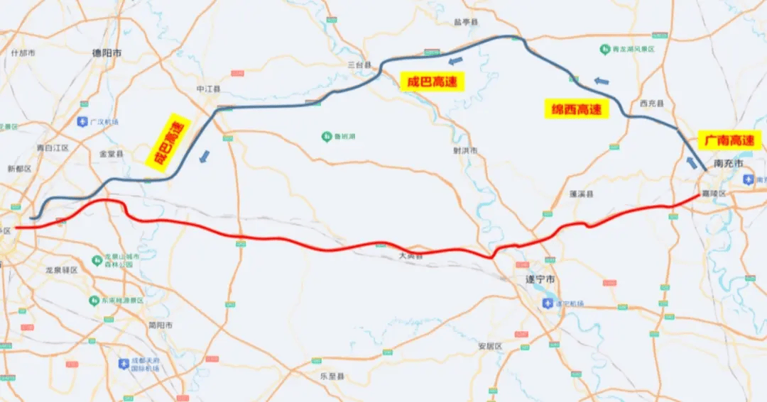 或经s53茂遂高速→s40广洪高速→g5013渝蓉高速前往