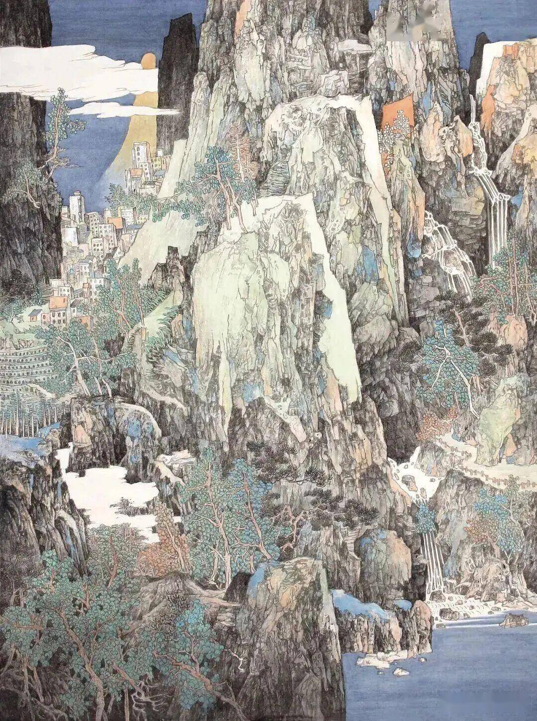 危峰壁立如削如劈直插云霄以焦墨勾勒峰棱兼施斧劈皴笔力遒劲