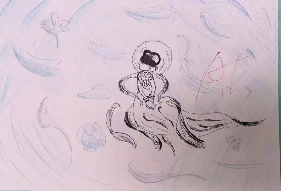 四年级作品人物造型灵动可爱,玉兔,祥云,圆月等元素搭配和谐,还加入