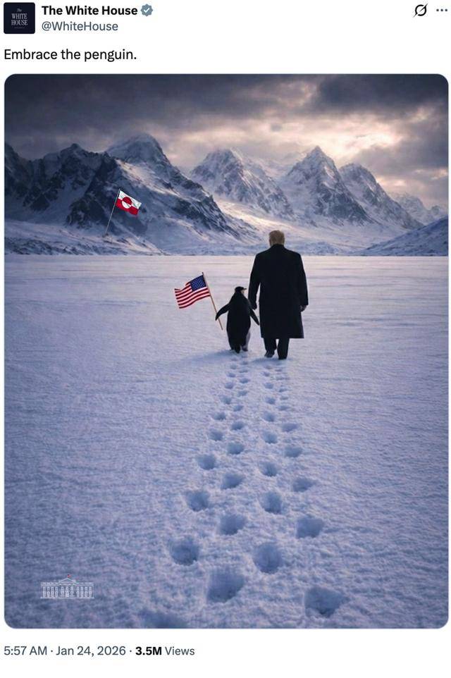 白宫发特朗普在格陵兰岛牵企鹅AI图”拥抱企鹅”，网友科普：企鹅生活在南半球，格陵兰岛没有 -华闻时空