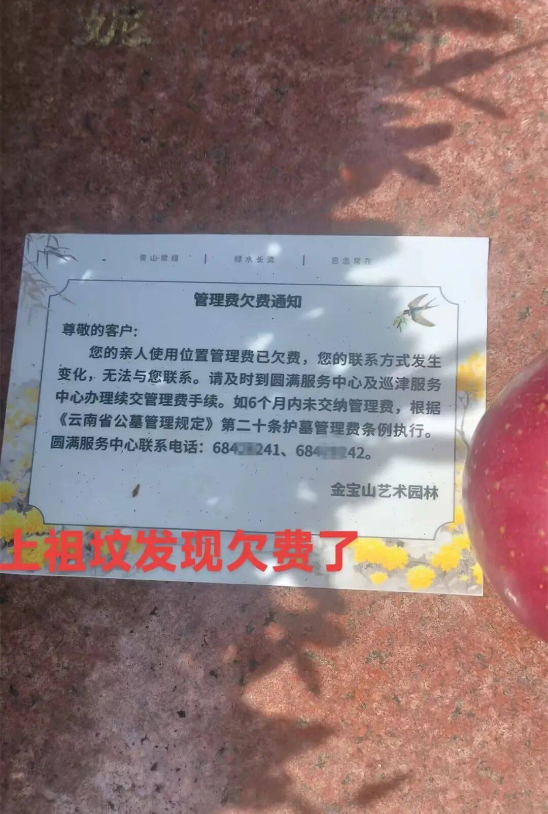 “上祖坟发现欠费了”？云南网友称墓碑被贴欠费通知单引热议，园林回应