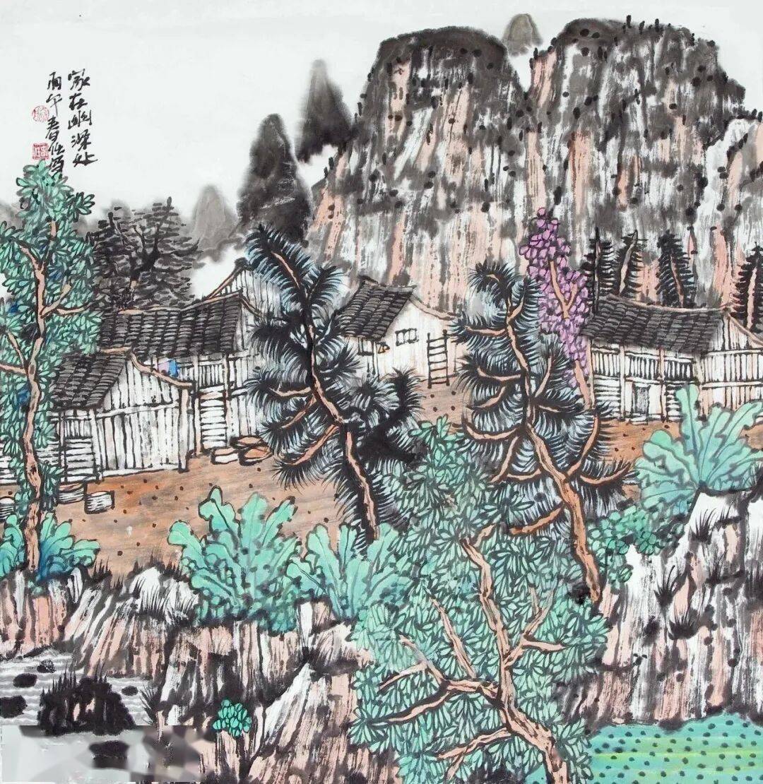 山石以雨点皴兼斧劈皴笔力刚健墨色浓淡相宜